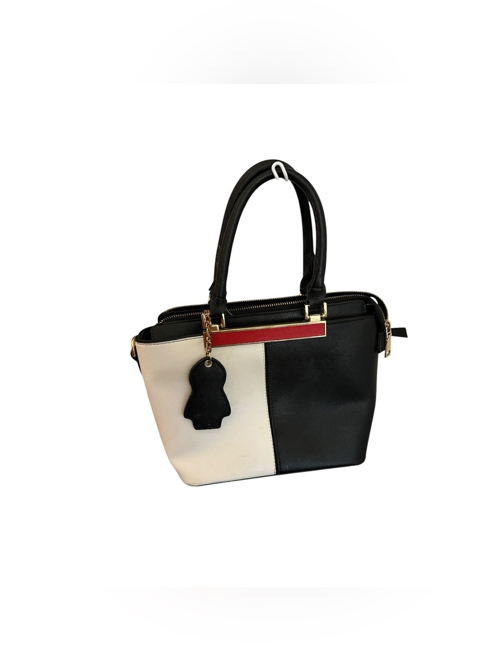 Color Block Satchel Handbag Penguin Charm Structured Faux Leather Black White